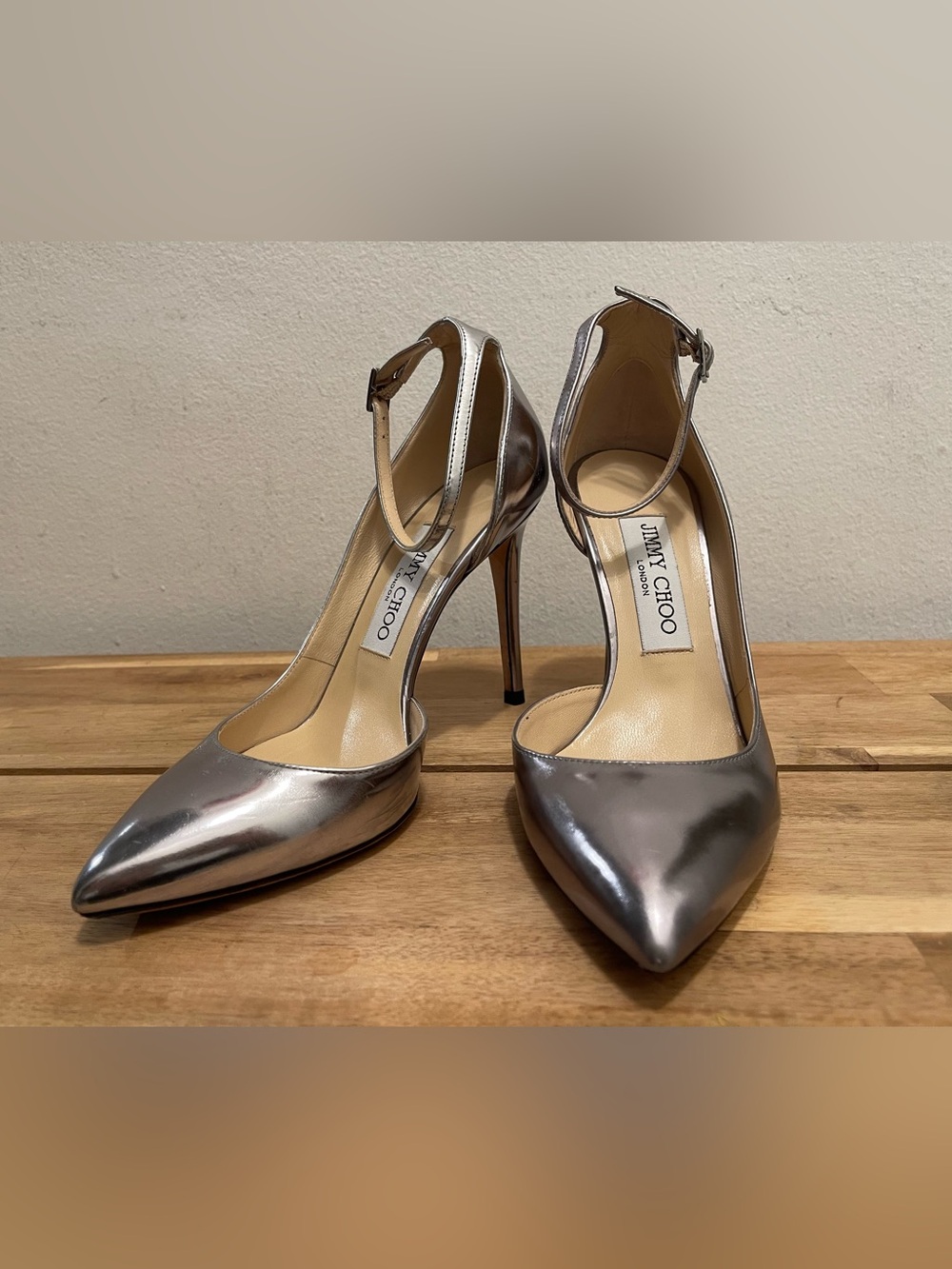 Jimmy Choo Silver Metallic Leather Lucy 100 D'Orsay Ankle Strap Pumps - Size 36.